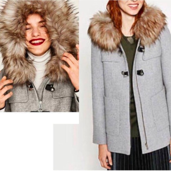 ZARA A-line Wool Duffle Coat jacket Gray detachable faux Fur Hood pockets size S - Picture 5 of 16
